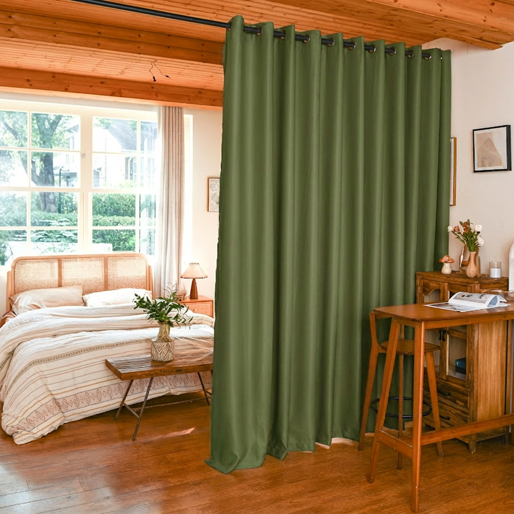 Olive green luxury silk fibers blackout room divider curtains by DWCN Official, showcasing elegant fabric and modern design.