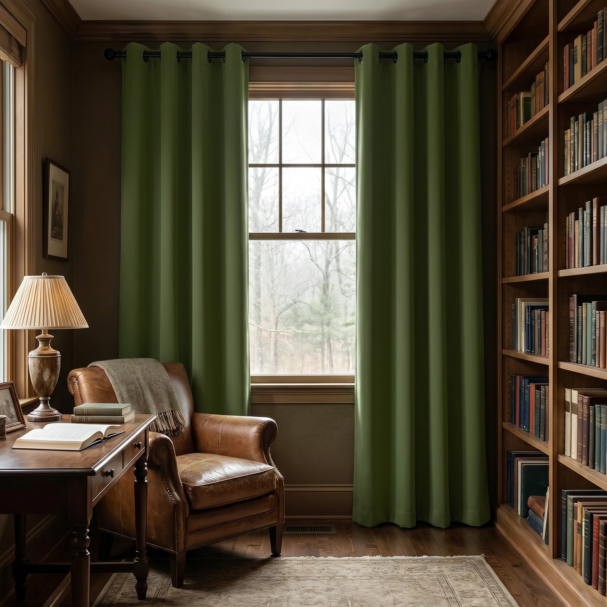 Olive green custom luxury silk-fiber blackout curtains by DWCN Official hanging smoothly on a window.