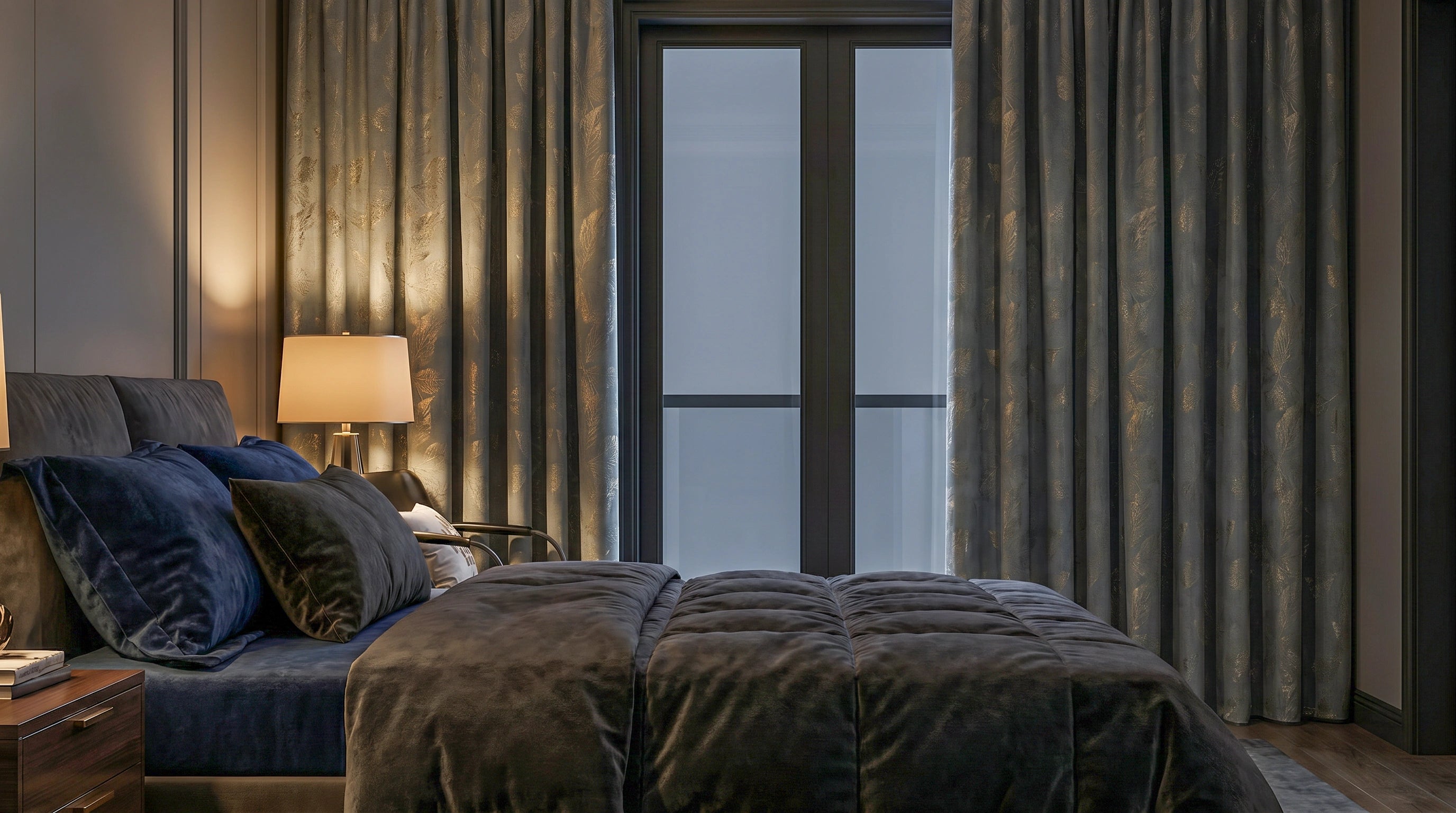 Blackout embroidered curtains in a bedroom, featuring grey blue patterned fabric, full length pleats, and room darkening privacy.