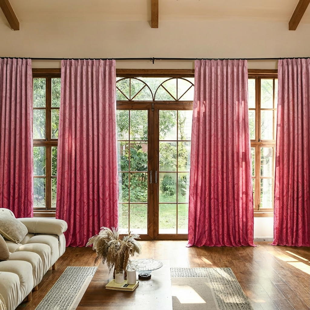 Pink silk-fiber blackout curtains with ombre gradient by DWCN Official, showcasing luxurious fabric and elegant design.