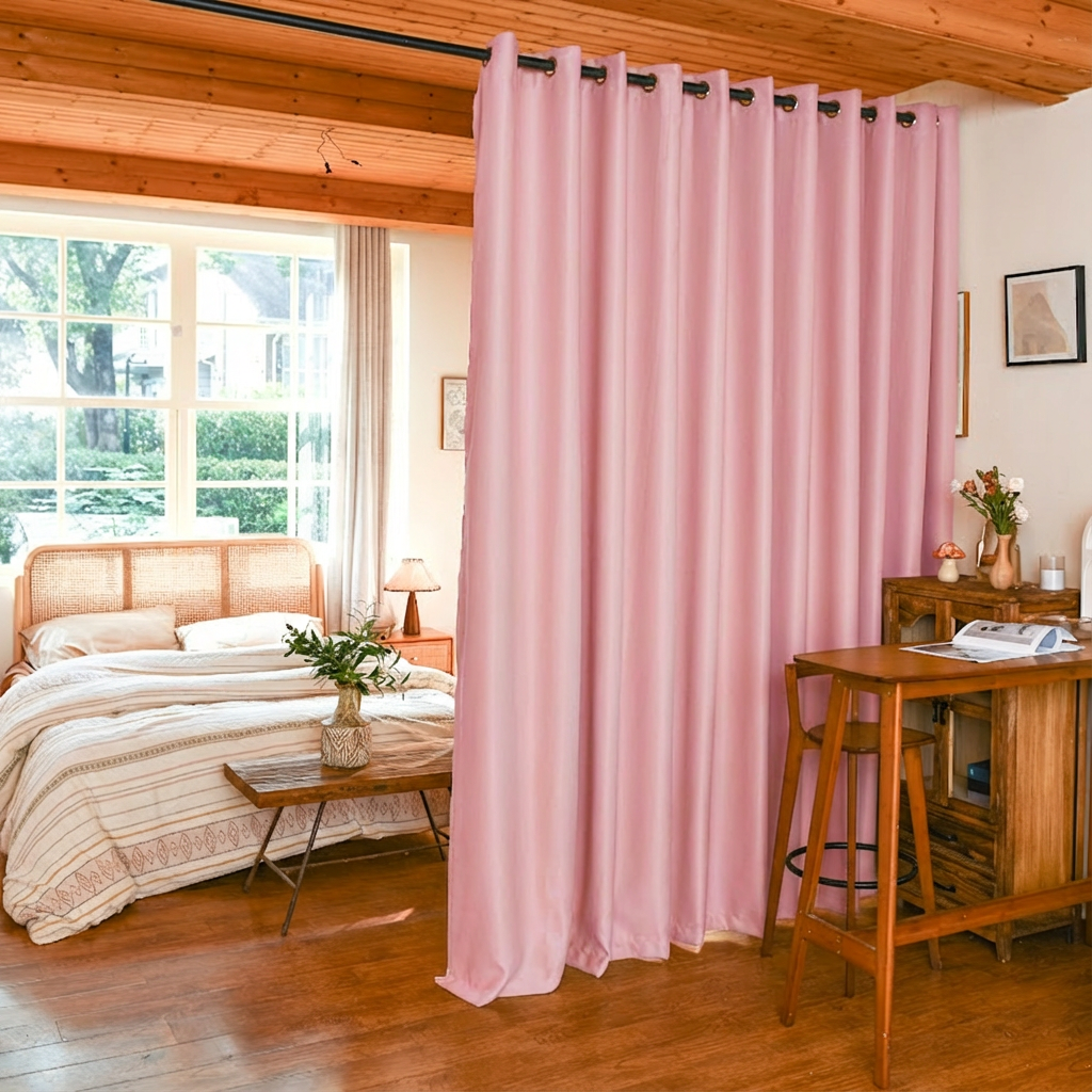 Black silk fibers luxury blackout room divider curtains with pink fabric, designed by DWCN Official for stylish privacy and light control.