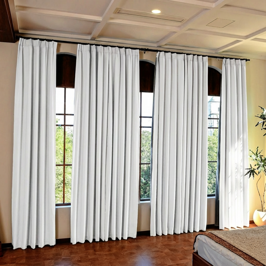 White luxury silk-fiber blackout curtains by DWCN Official, showcasing smooth fabric and elegant drape for light blocking.