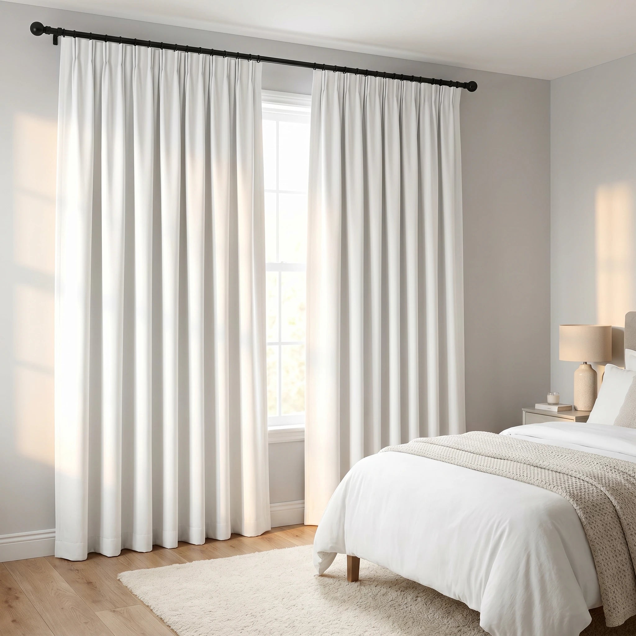 White custom luxury silk-fiber blackout curtains by DWCN Official hanging in a bright room, showcasing elegant window covering.