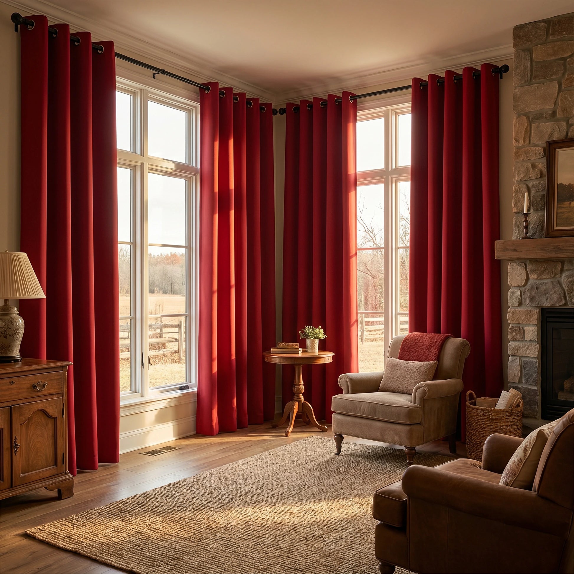 Custom luxury silk-fiber blackout curtains in deep red, crafted by DWCN Official, showcasing smooth fabric and elegant drape.