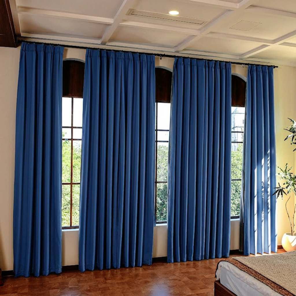 Royal blue custom luxury silk-fiber blackout curtains by DWCN Official hanging on a window, showcasing elegant and durable fabric.