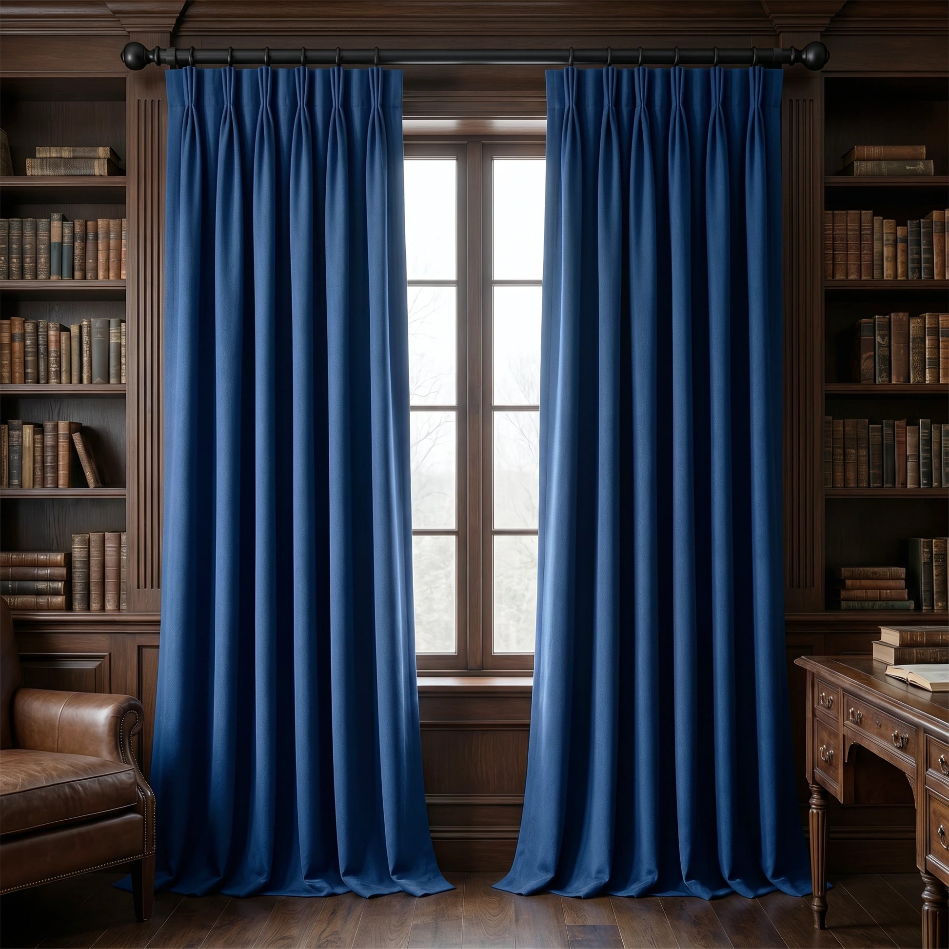 Royal blue custom luxury silk-fiber blackout curtains from DWCN Official, showcasing elegant fabric and tailored design.
