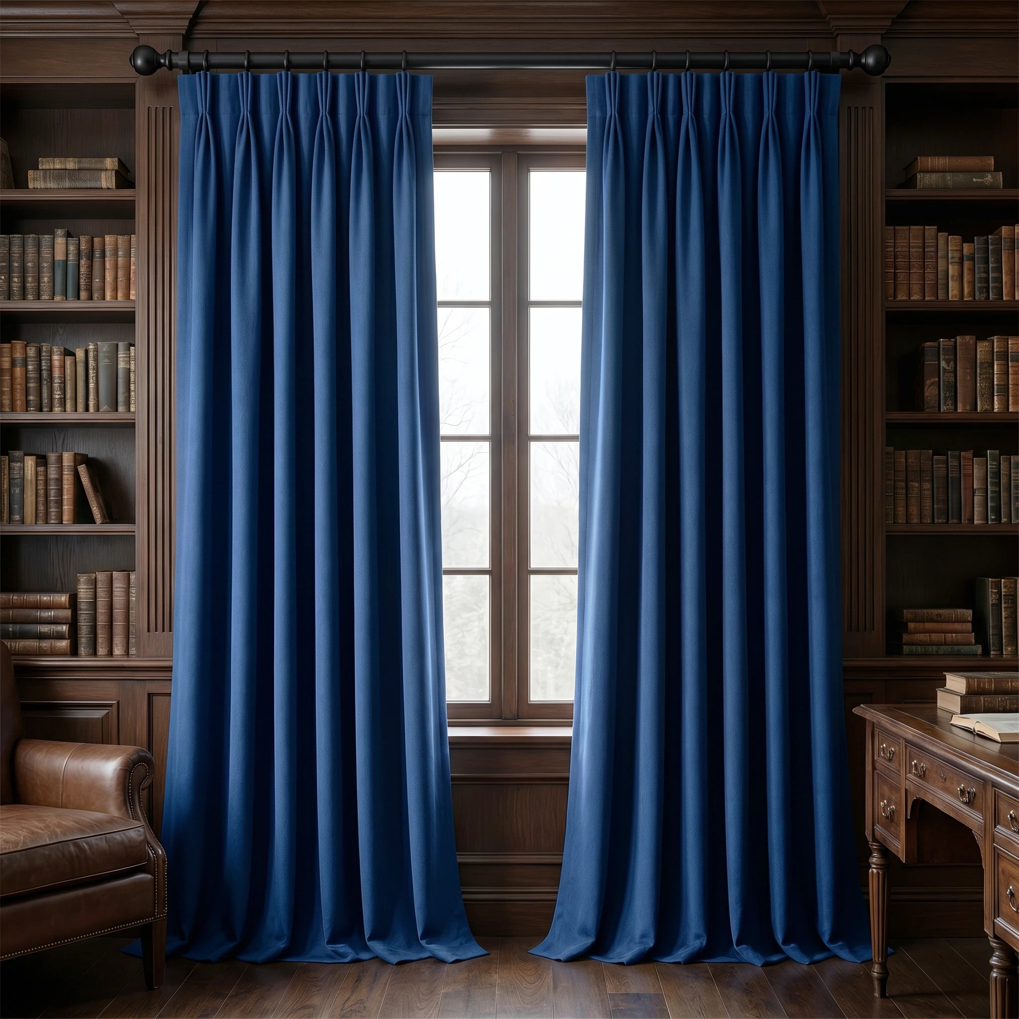 Royal blue custom luxury silk-fiber blackout curtains from DWCN Official, showcasing elegant fabric and tailored design.