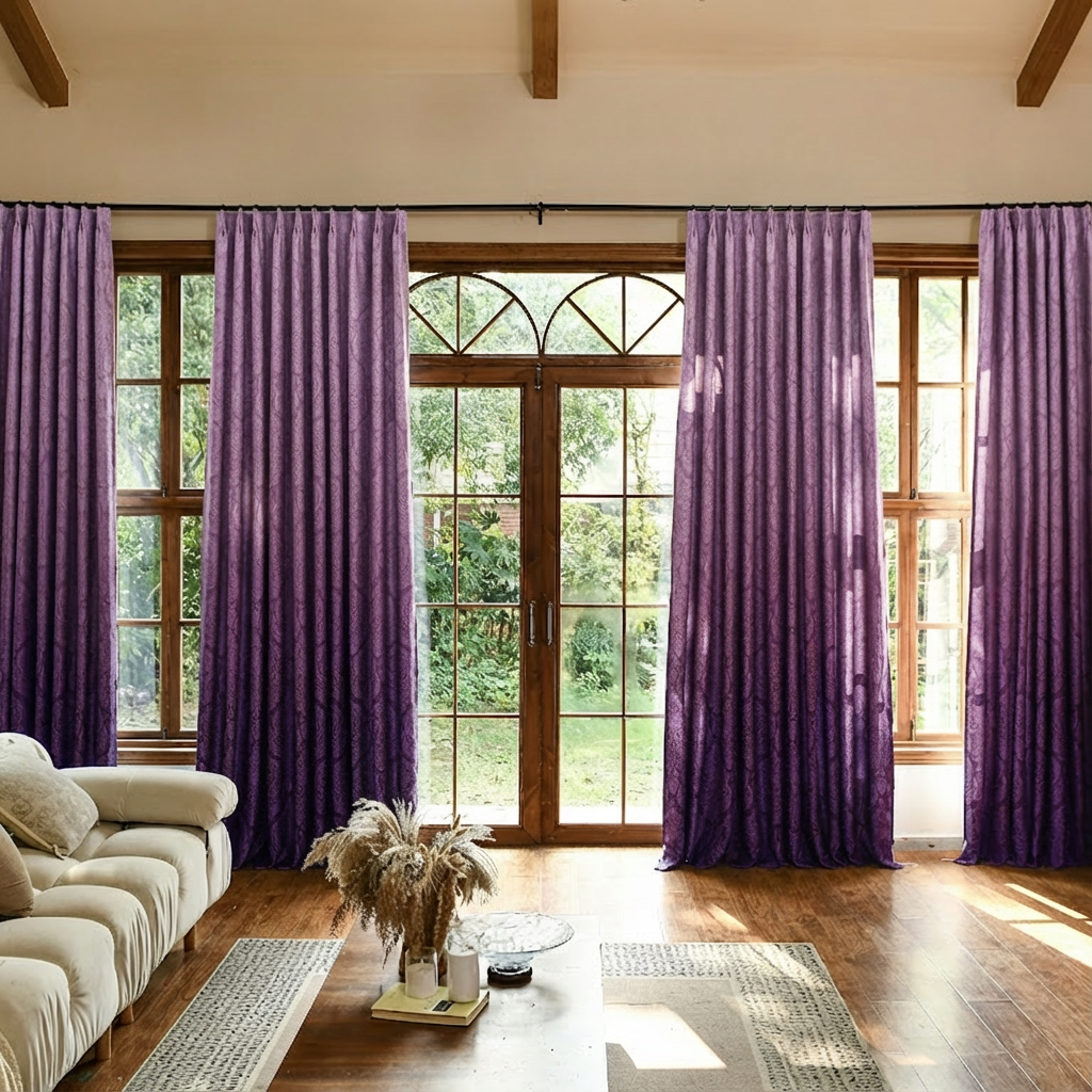 Royal purple custom luxury silk-fiber blackout curtains by DWCN Official, showcasing elegant ombre design and rich fabric texture.