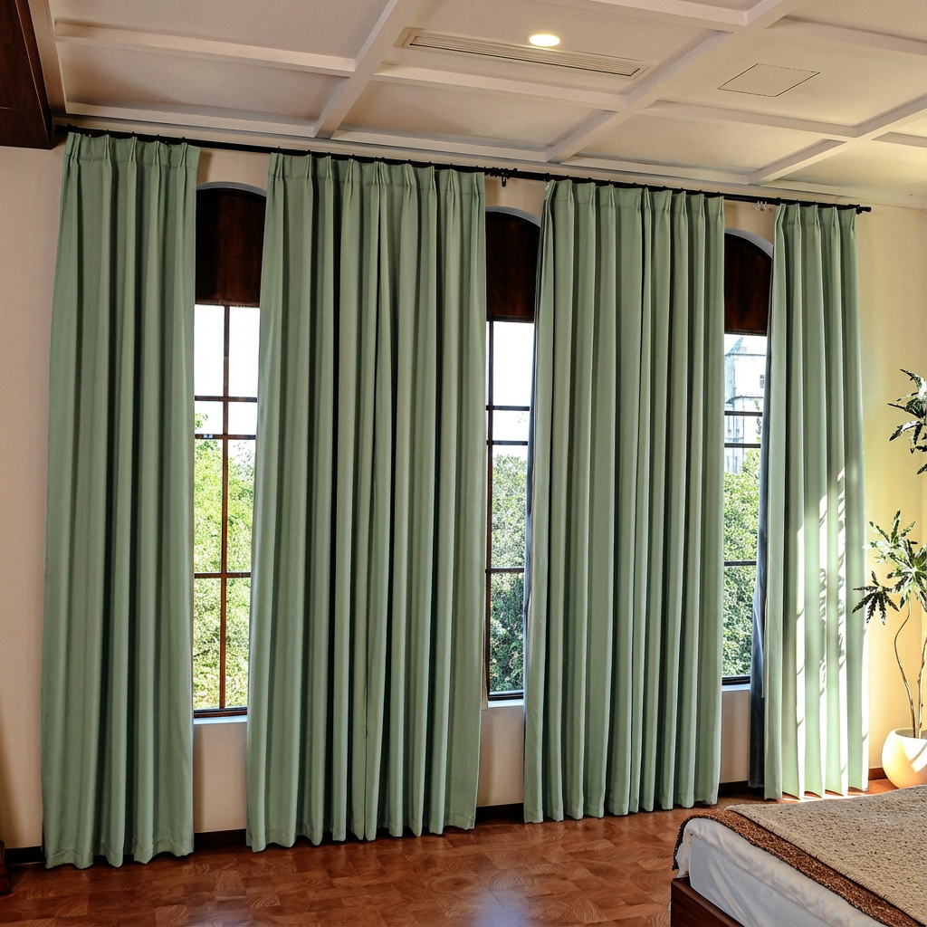 Sage green luxury silk-fiber blackout curtains by DWCN Official hanging in a window, showcasing elegant, smooth fabric and modern design.