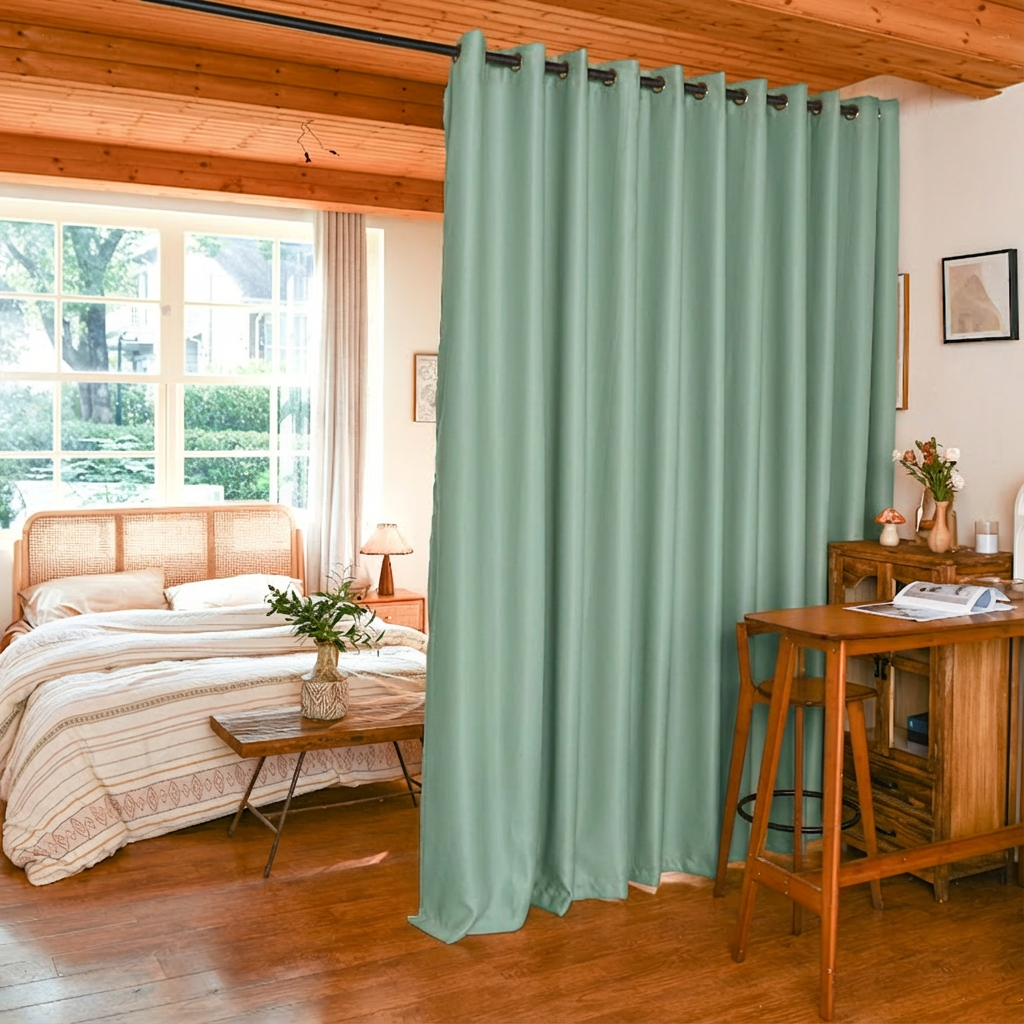 Sage green custom luxury silk fibers blackout room divider curtain by DWCN Official, featuring rich fabric and elegant design.