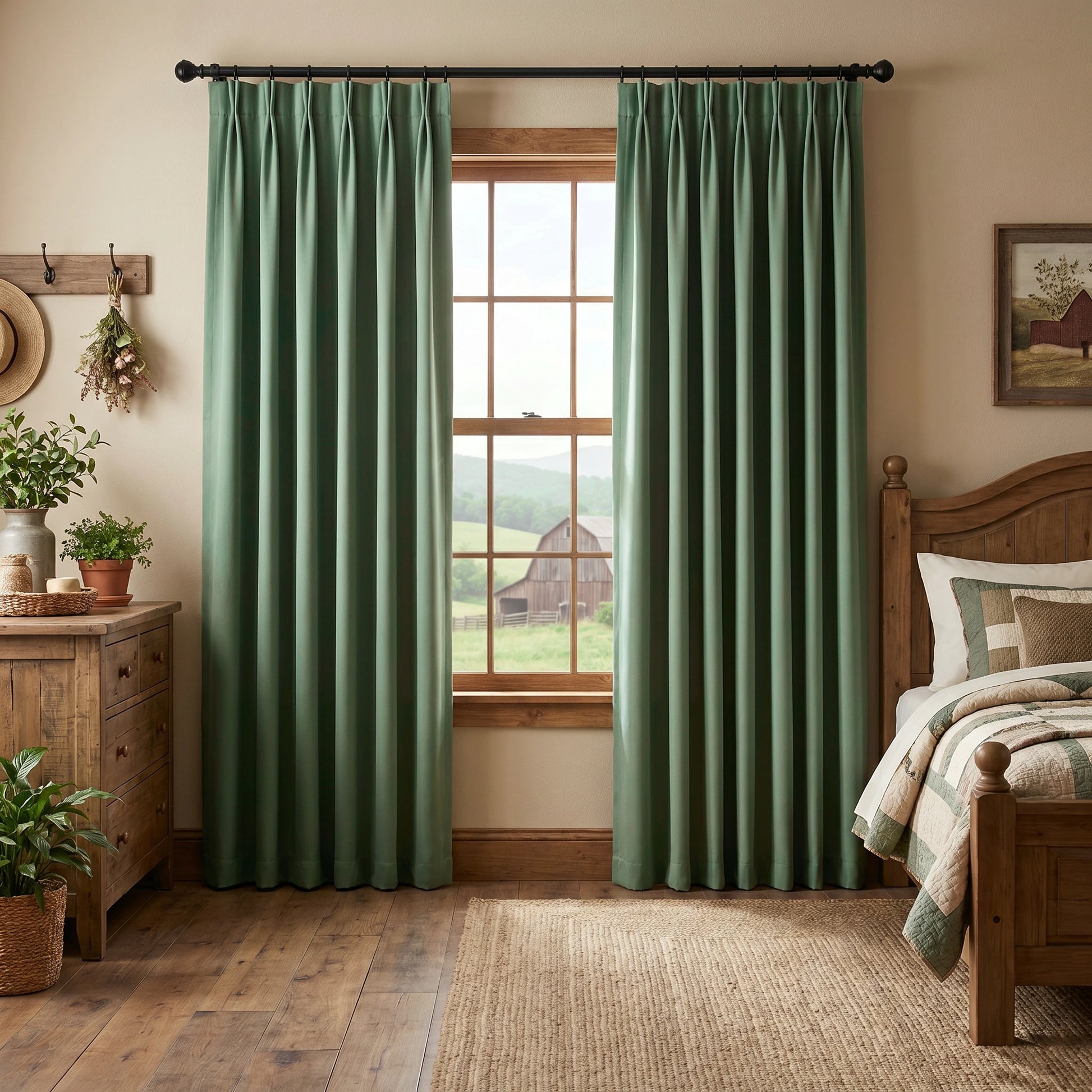 Sage green custom luxury silk-fiber blackout curtains from DWCN Official hanging smoothly on a window.