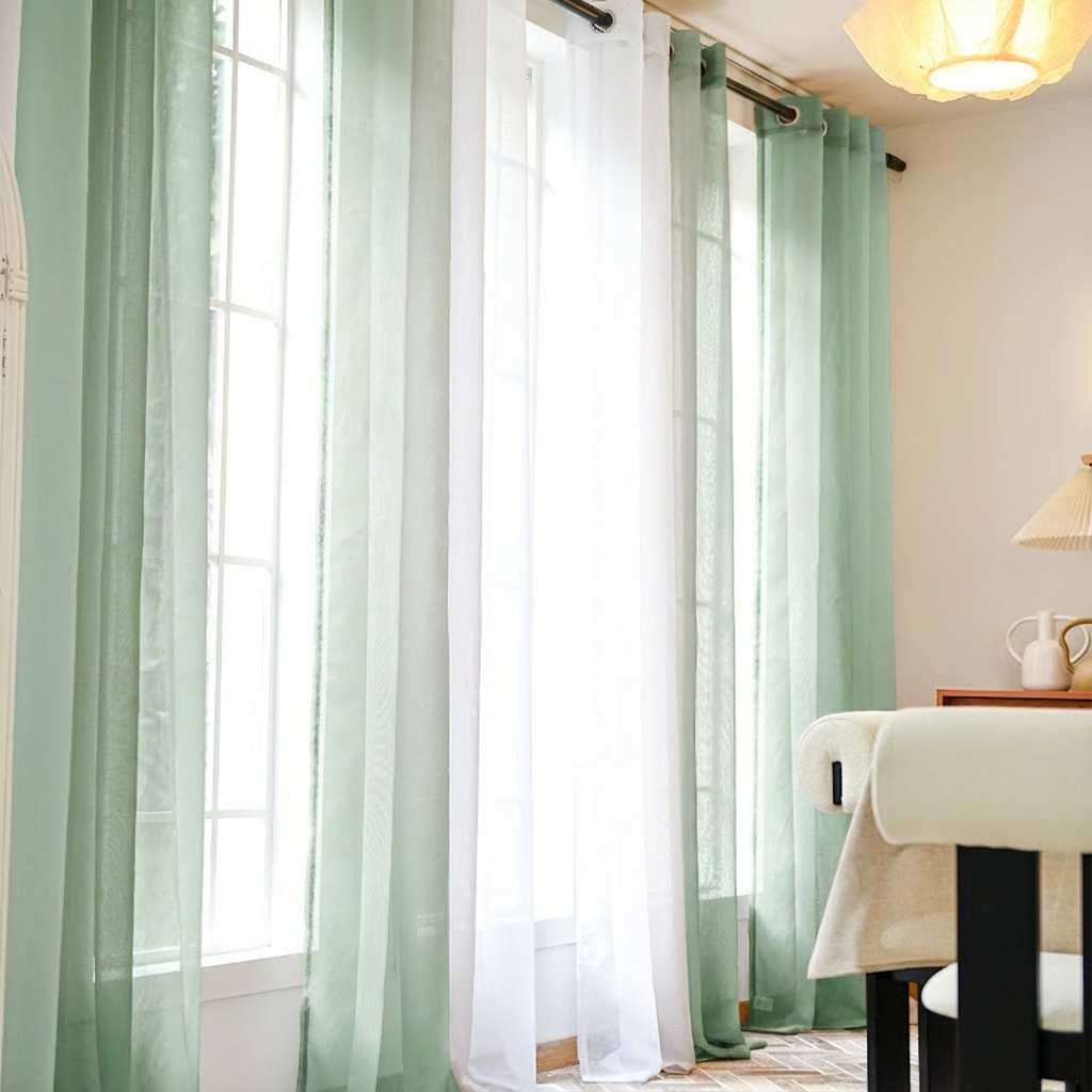 Sage green linen texture ombre sheer curtains by DWCN Official hanging with soft light filtering through.