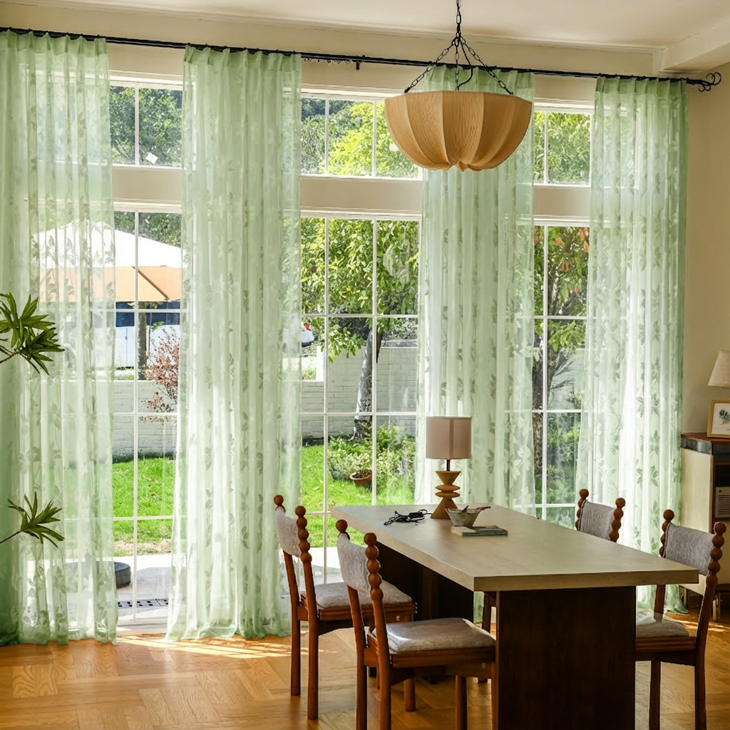 Sage green custom semi-sheer lace voile curtains by DWCN Official hanging with natural light filtering through.