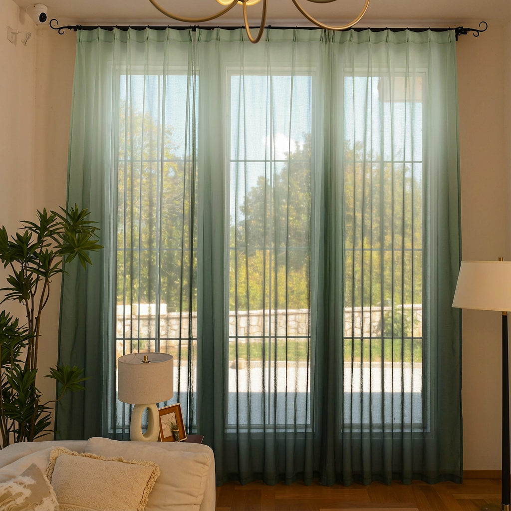 Sage green custom vertical linen texture sheer curtains by DWCN Official with ombre design and elegant linen finish.