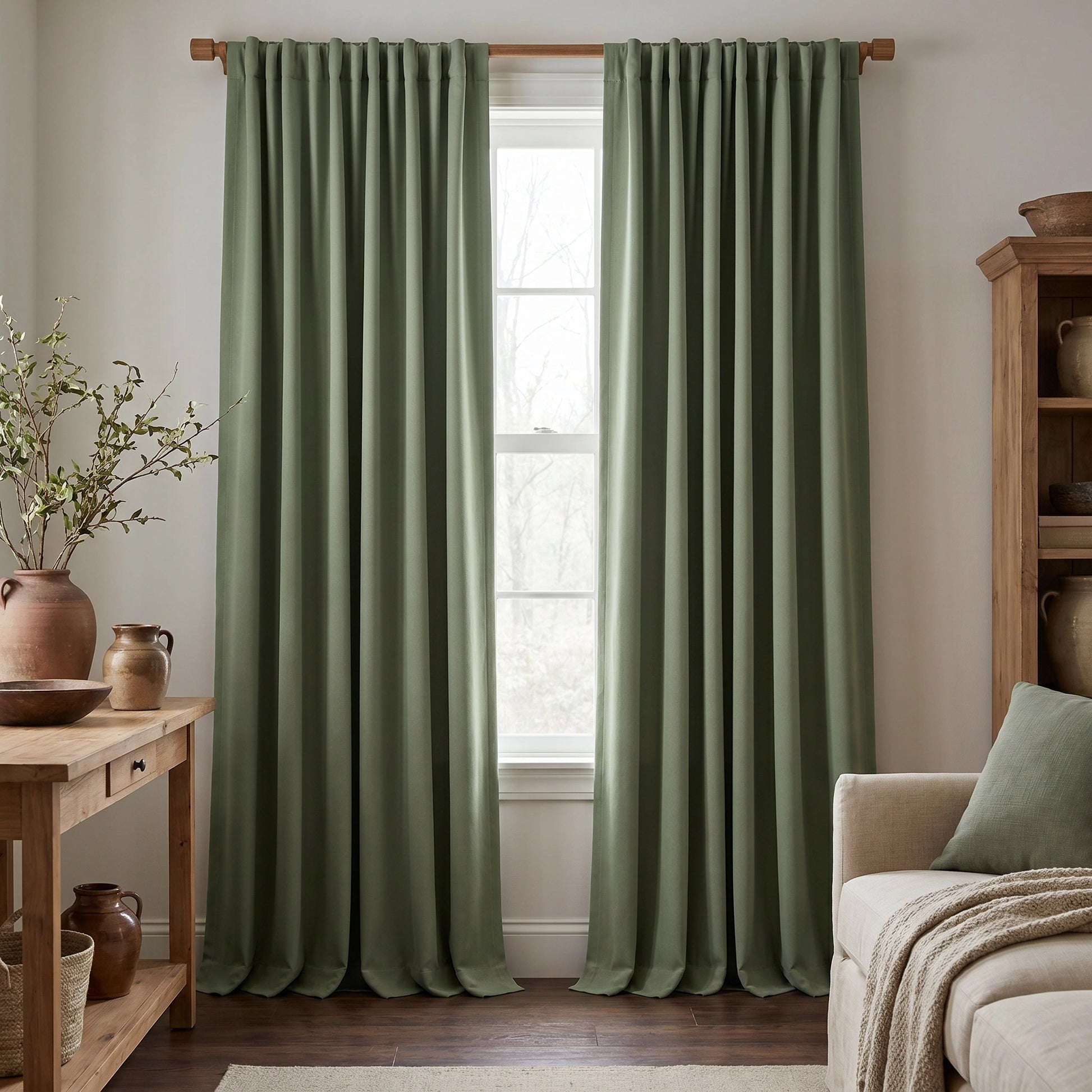 Sage green custom blackout curtains made of heavyweight modal cotton by DWCN Official, featuring a soft, durable fabric for light blocking.