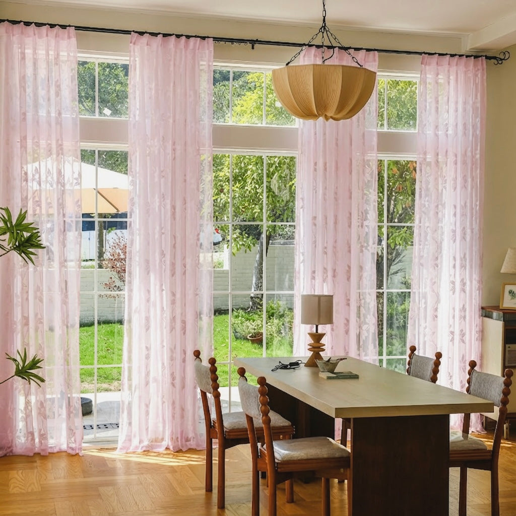 Sakura pink custom semi-sheer lace voile curtains with delicate floral pattern, ideal for elegant window decor by DWCN Official