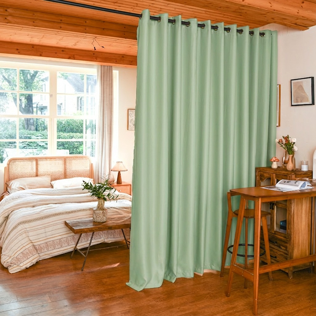 Seafoam green custom luxury silk fibers blackout room divider curtain by DWCN Official, showcasing elegant fabric and design details.