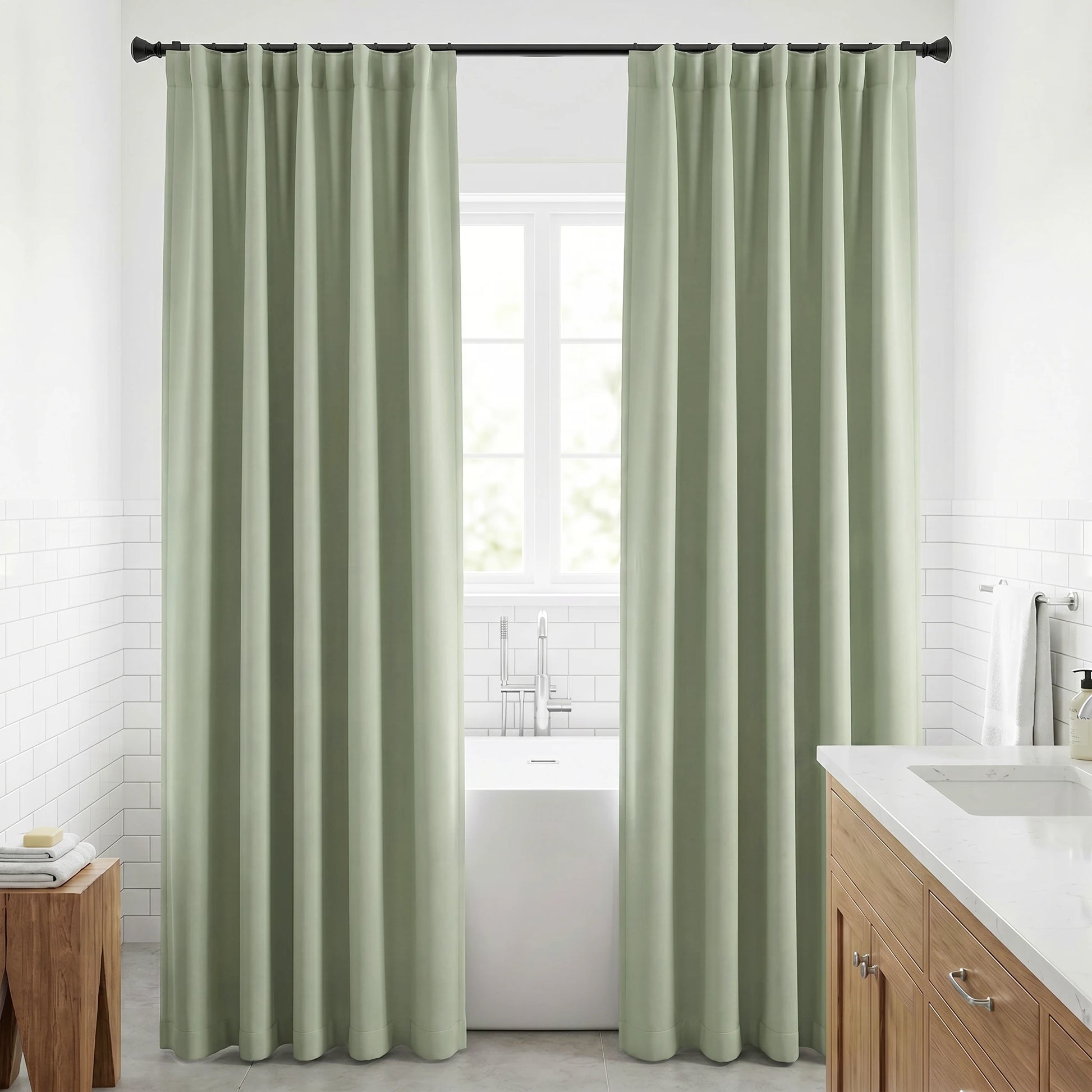 Seafoam green custom luxury silk-fiber blackout curtains by DWCN Official hanging smoothly, showcasing elegant, light-blocking window treatment.