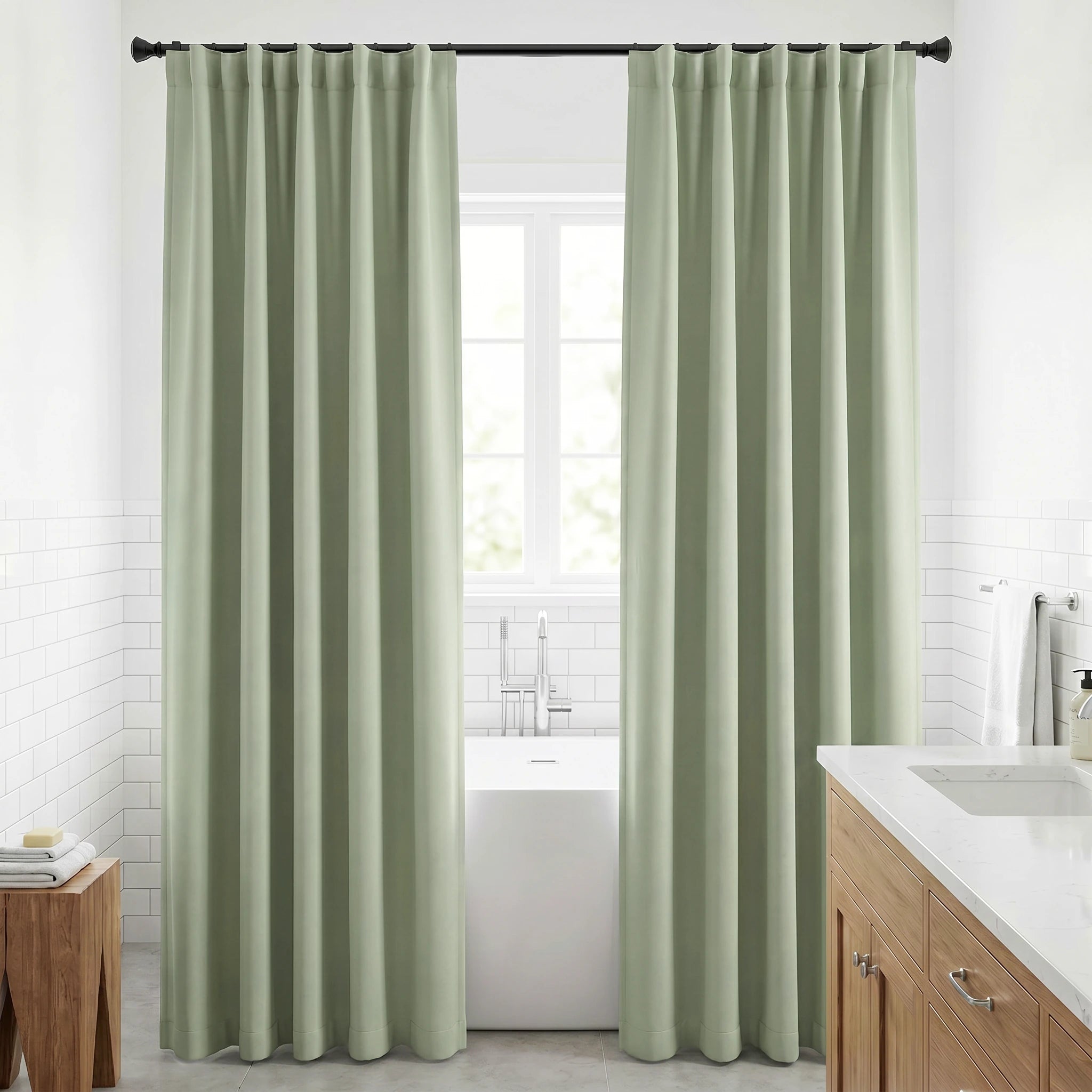 Seafoam green custom luxury silk-fiber blackout curtains by DWCN Official hanging smoothly, showcasing elegant, light-blocking window treatment.