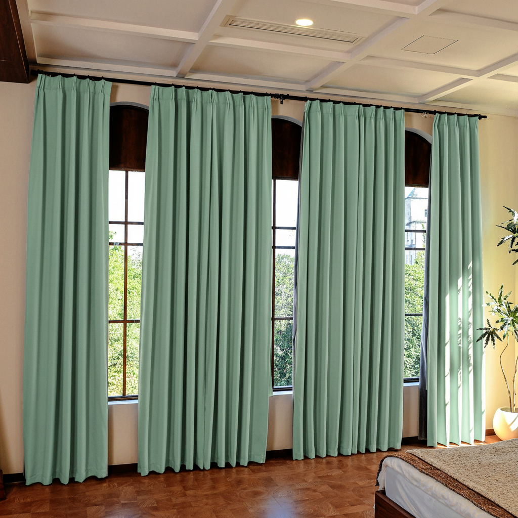 Seafoam green custom luxury silk-fiber blackout curtains by DWCN Official, showcasing elegant fabric and rich blackout features.