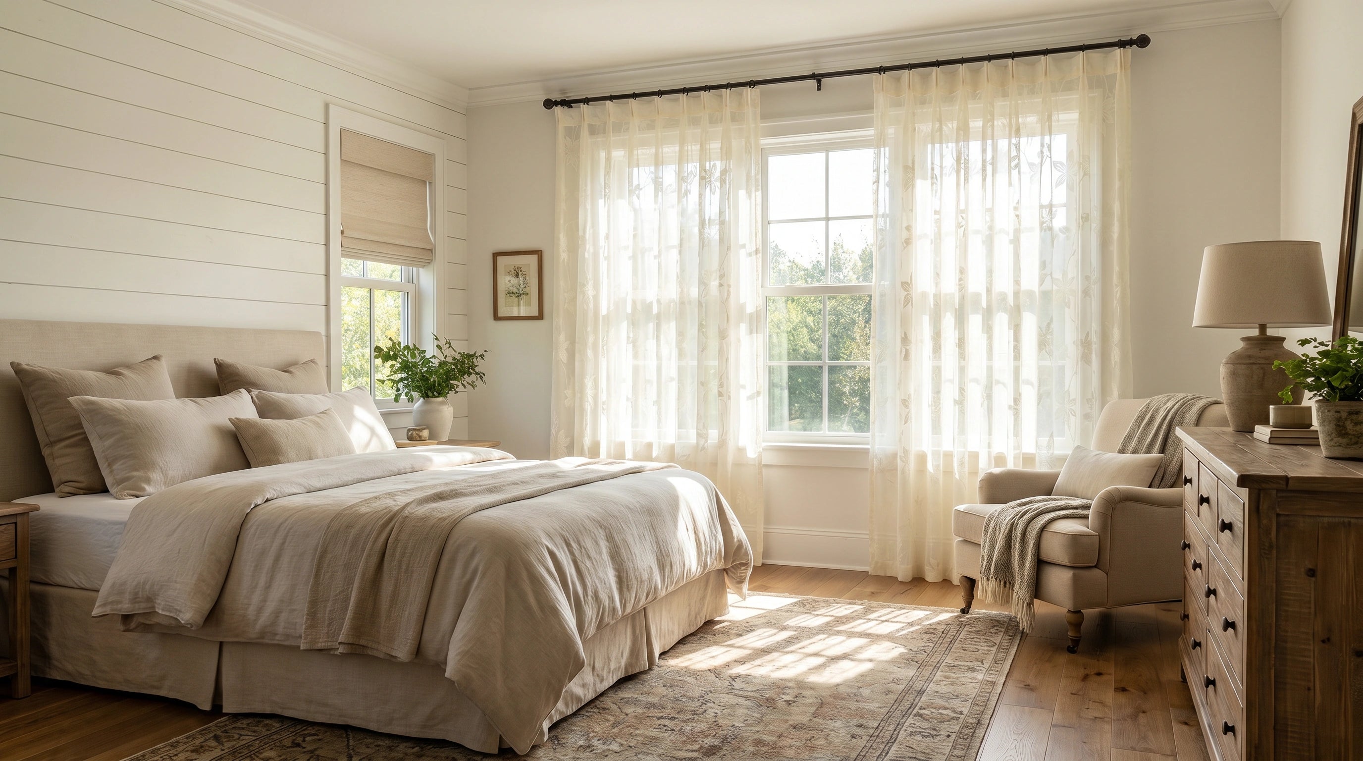 European embroidered sheer curtains for bedroom windows, featuring delicate floral texture, soft filtered sunlight, and elegant privacy.