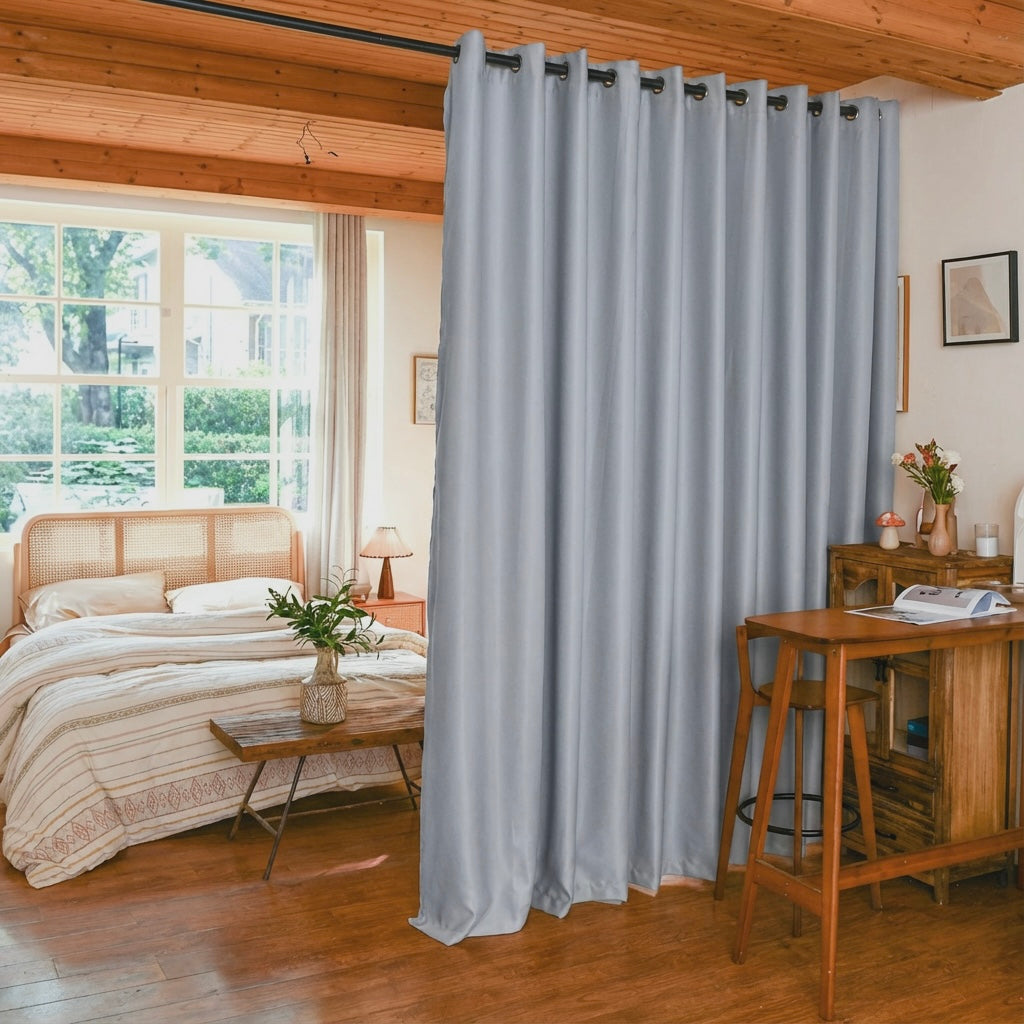 Silver grey luxury silk fibers blackout room divider curtains by DWCN Official, showcasing elegant, smooth fabric and stylish design.
