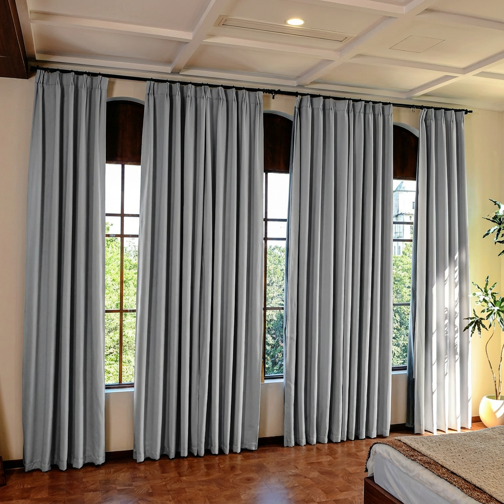 Silver grey custom luxury silk-fiber blackout curtains by DWCN Official hanging on a window, designed to block light and add elegance.