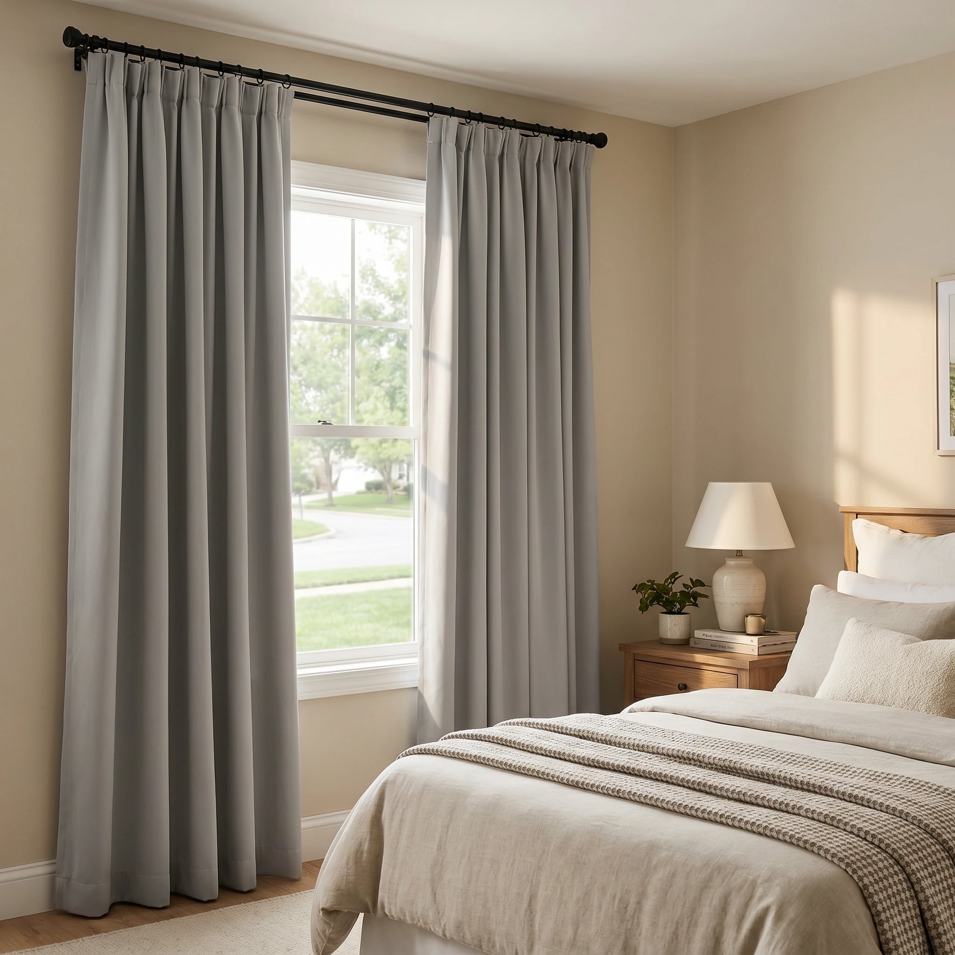 Custom luxury silk-fiber blackout curtains in silver grey, showing smooth fabric and elegant drape from DWCN Official.