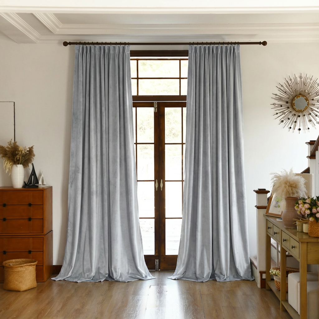 Silver grey custom premium velvet blackout curtains by DWCN Official hanging smoothly with elegant pleats.