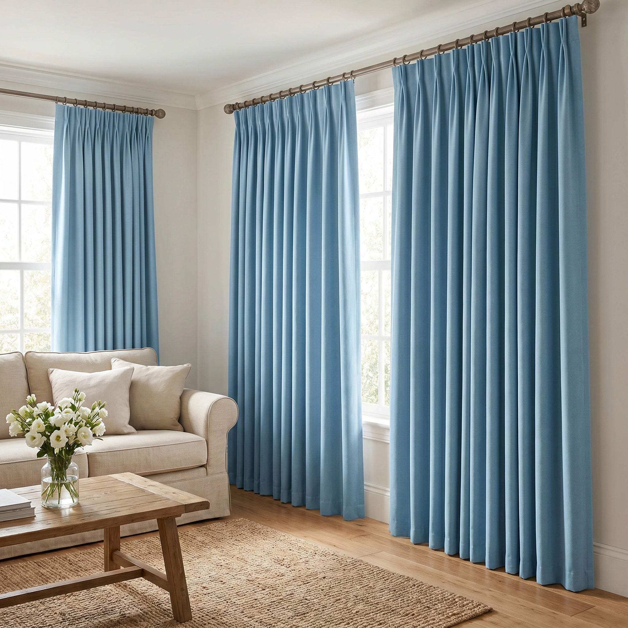 Sky blue custom blackout curtains made of heavyweight modal cotton by DWCN Official, featuring a smooth fabric texture and pleated design.