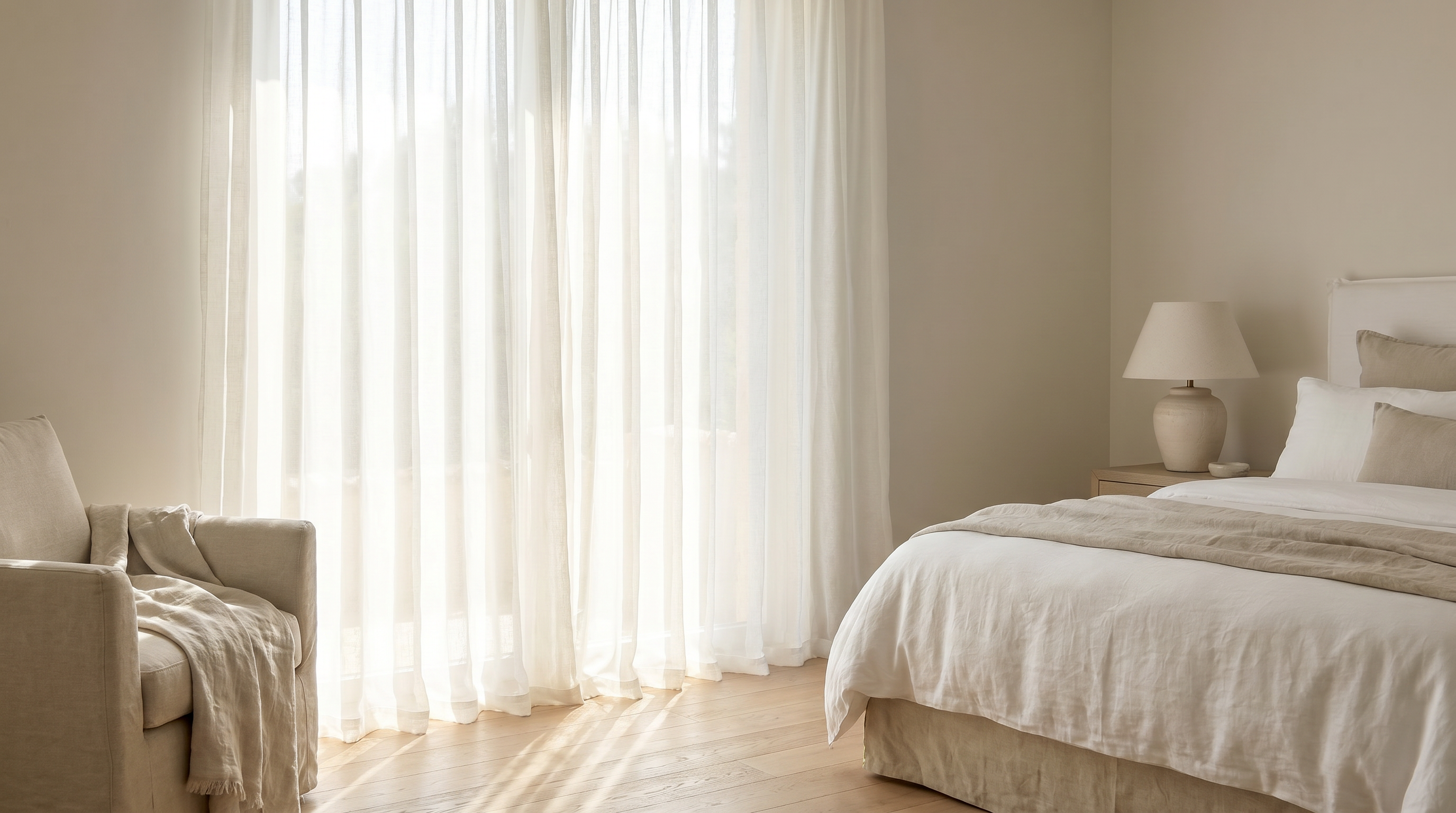 Ivory linen sheer curtains for bedroom windows, offering soft daylight, gentle privacy, and a calm neutral bedroom curtain style.