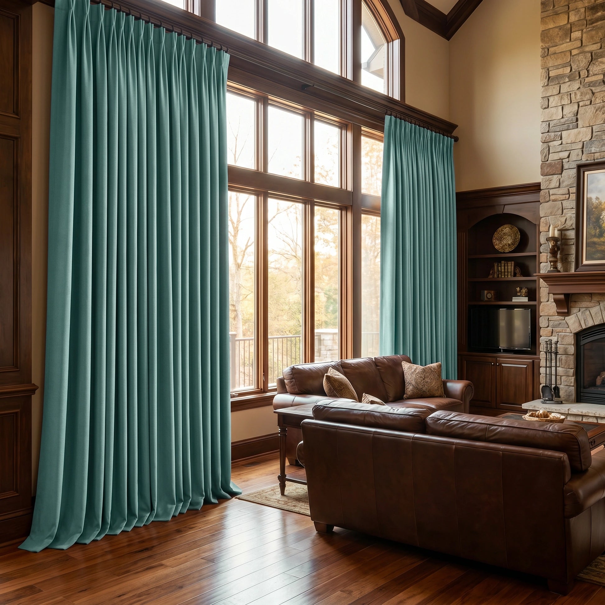 Custom DWCN Official heavyweight cotton blackout curtains in steel blue, showcasing their thick fabric and elegant drape.