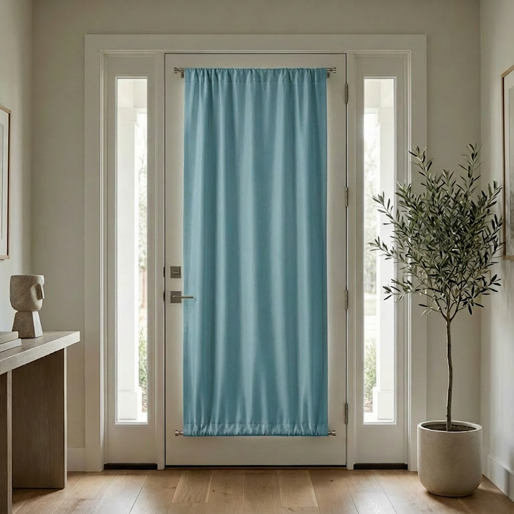 Stone blue custom luxury silk-fiber French door blackout curtains by DWCN Official hanging in a modern living room.