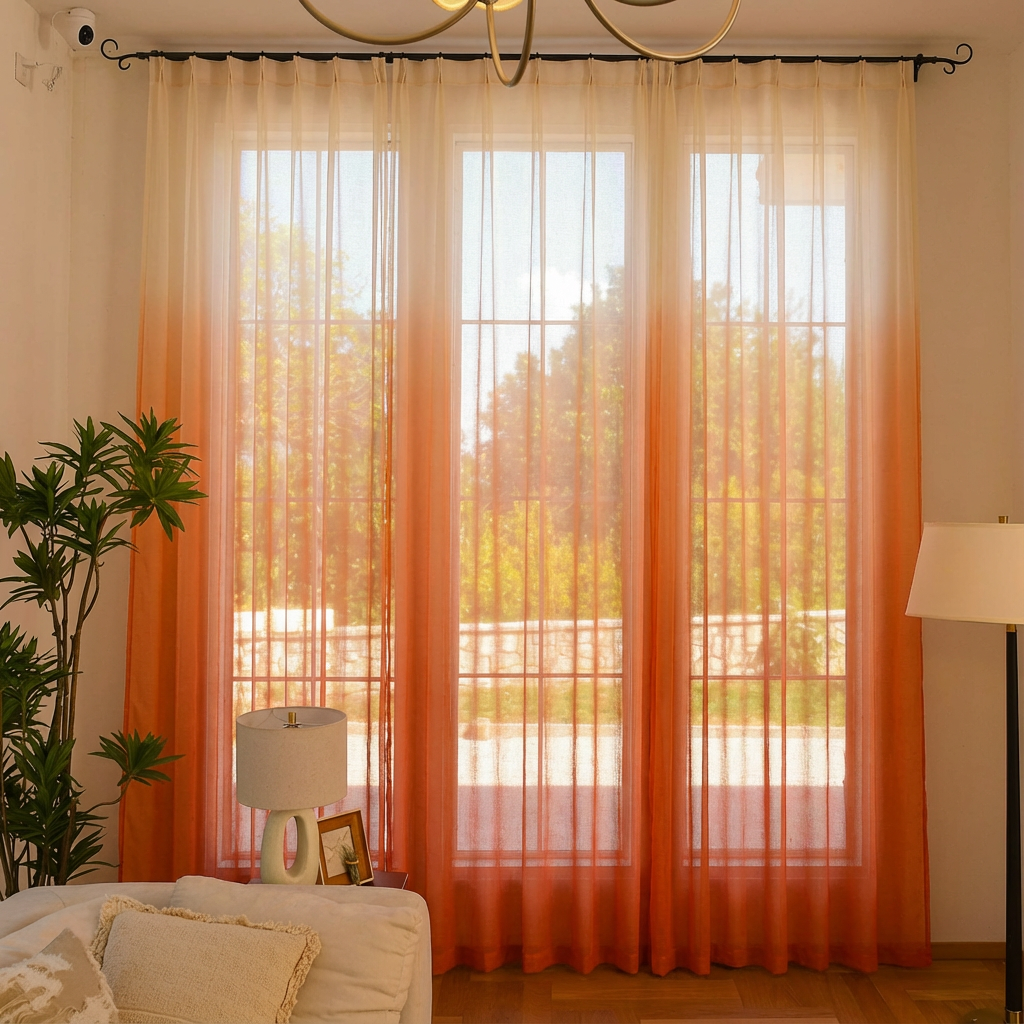 Sunset orange linen texture sheer curtains with vertical ombre design by DWCN Official, showcasing elegant, lightweight window coverage.