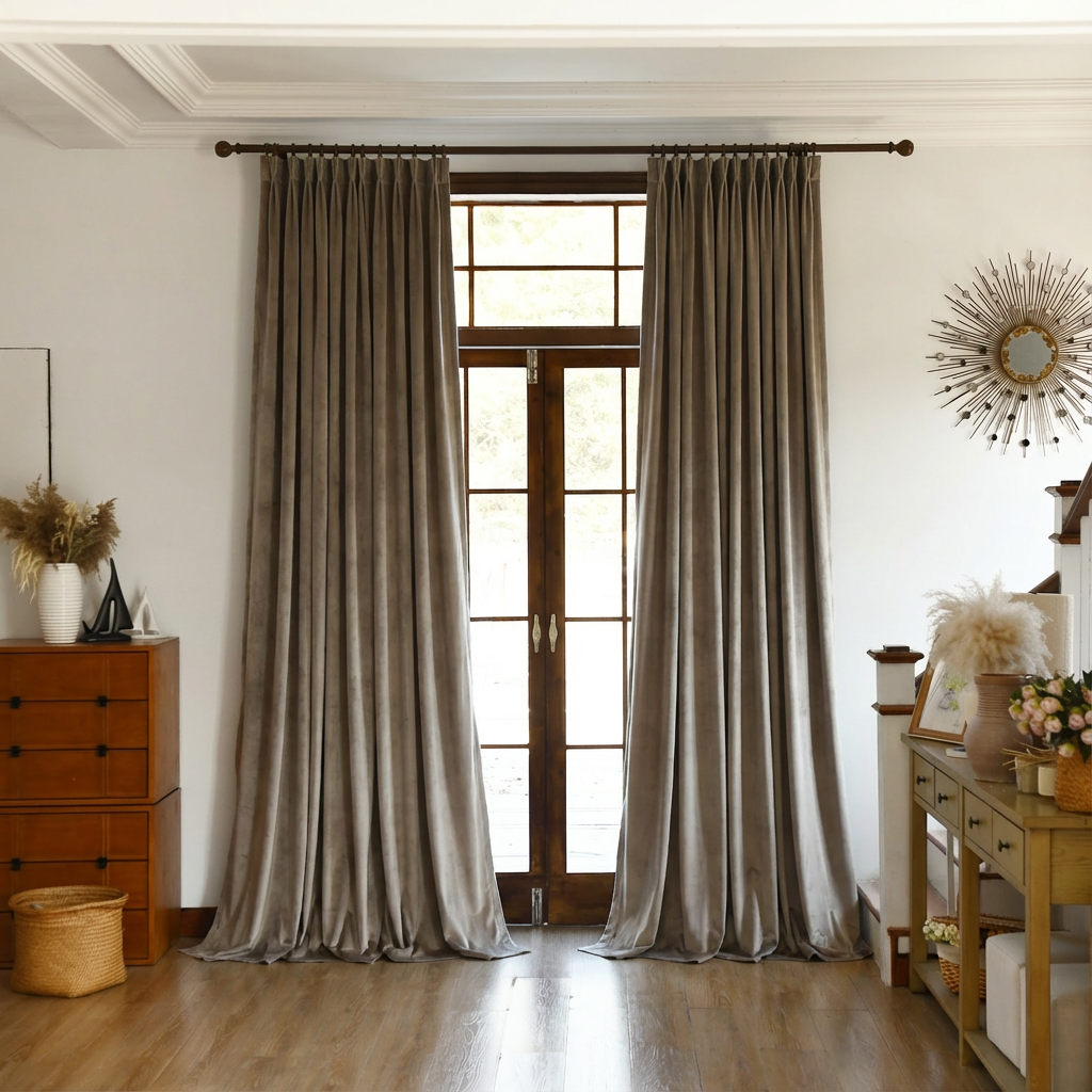 Taupe custom premium velvet blackout curtains by DWCN Official hanging on a window, providing elegant light-blocking and privacy.