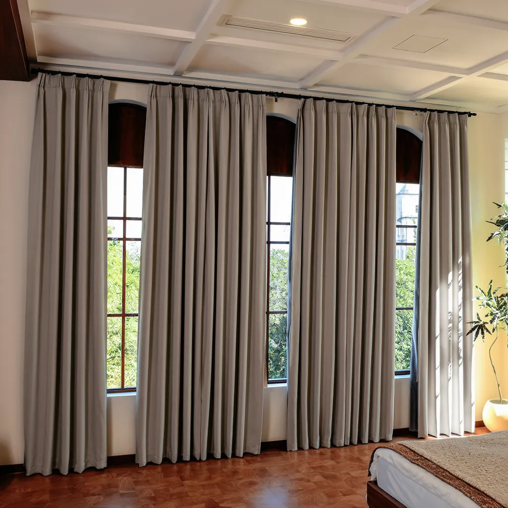 Taupe custom luxury silk-fiber blackout curtains by DWCN Official hanging in a modern living room, providing elegant light blocking.