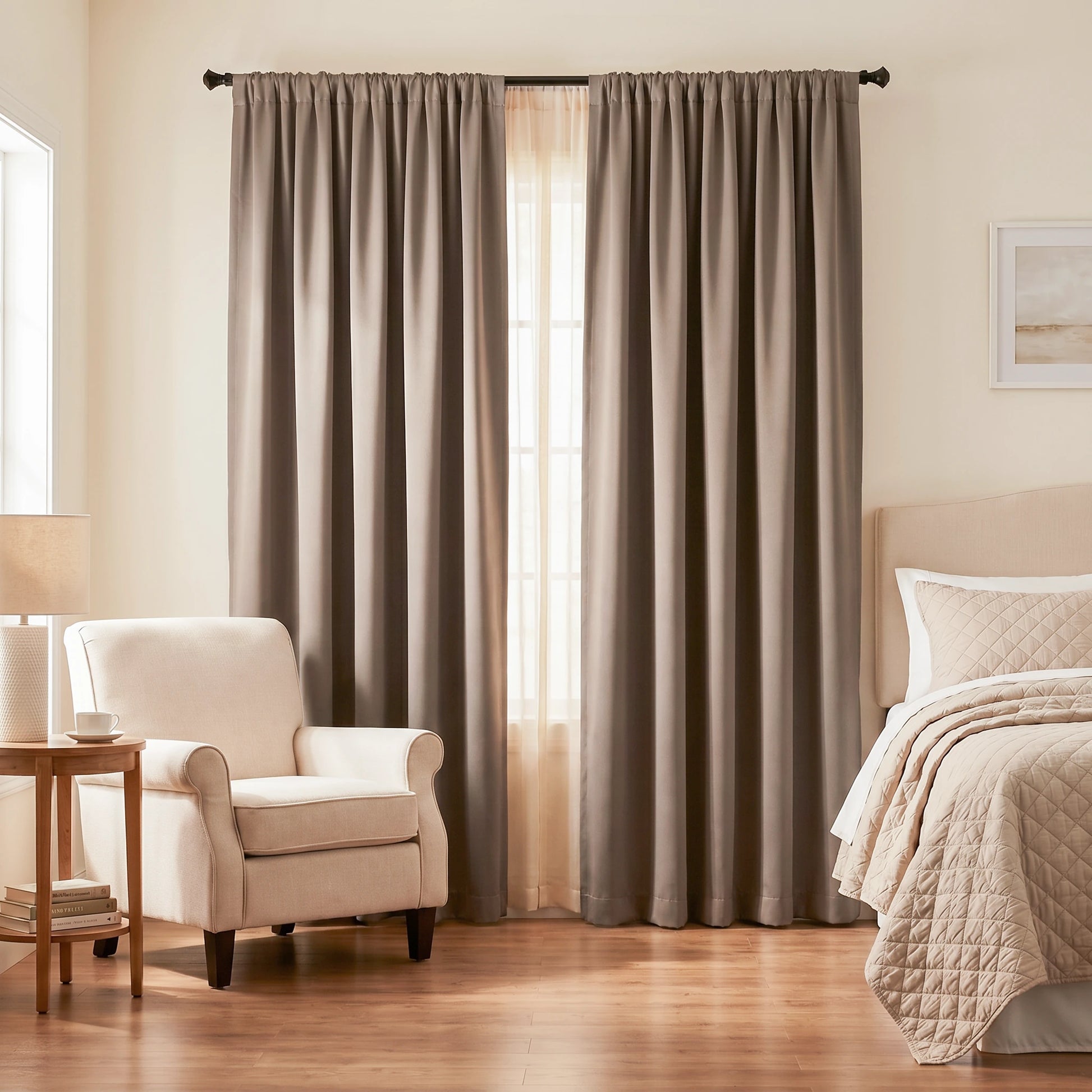 Custom luxury black silk-fiber blackout curtains in taupe, made by DWCN Official, showcasing elegant, high-quality window treatment.