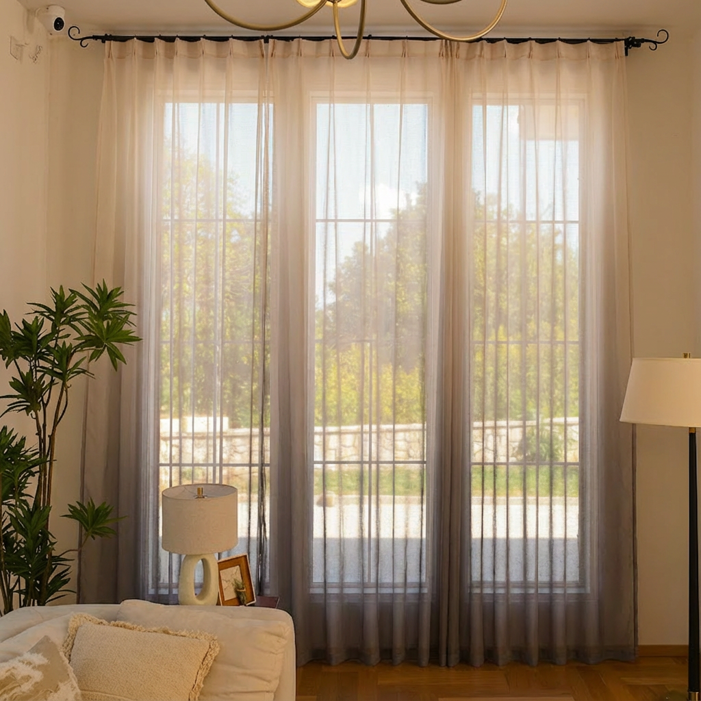 Taupe custom vertical ombre linen texture sheer curtains by DWCN Official, showcasing a soft, elegant linen fabric with ombre shading.