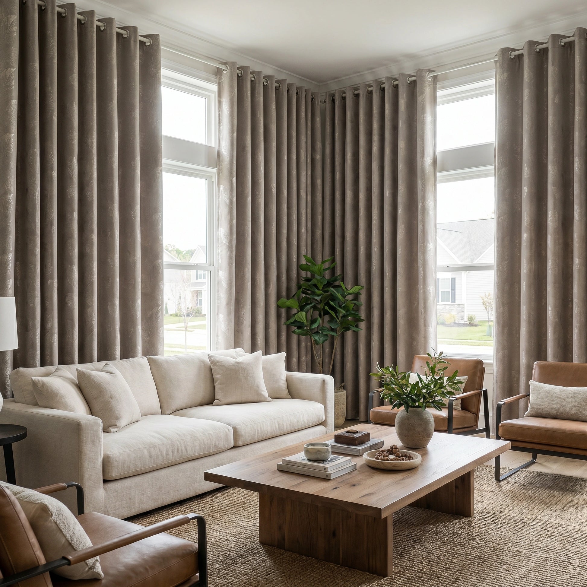 Taupe custom DWCN Official cotton curtain with embroidered clementine pattern, showcasing intricate embroidery and lightweight fabric.