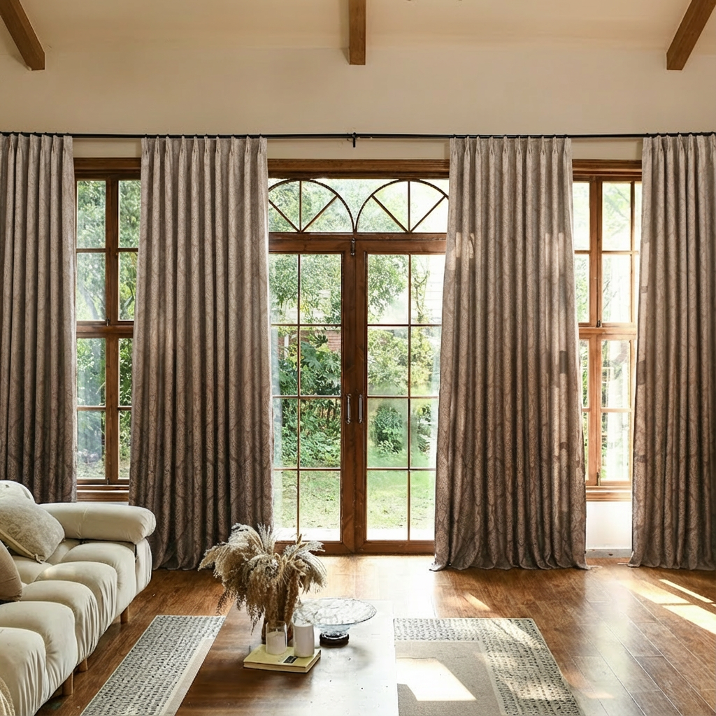 Luxury silk-fiber ombre blackout curtains in taupe with black accents, custom-designed for elegant room darkening.