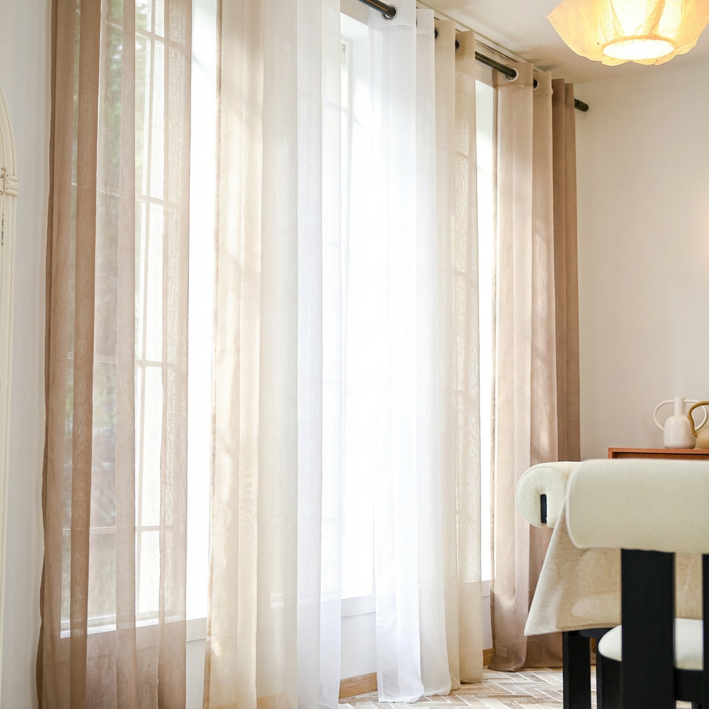 Taupe linen texture ombre sheer curtains by DWCN Official, showcasing soft fabric and elegant gradient design.