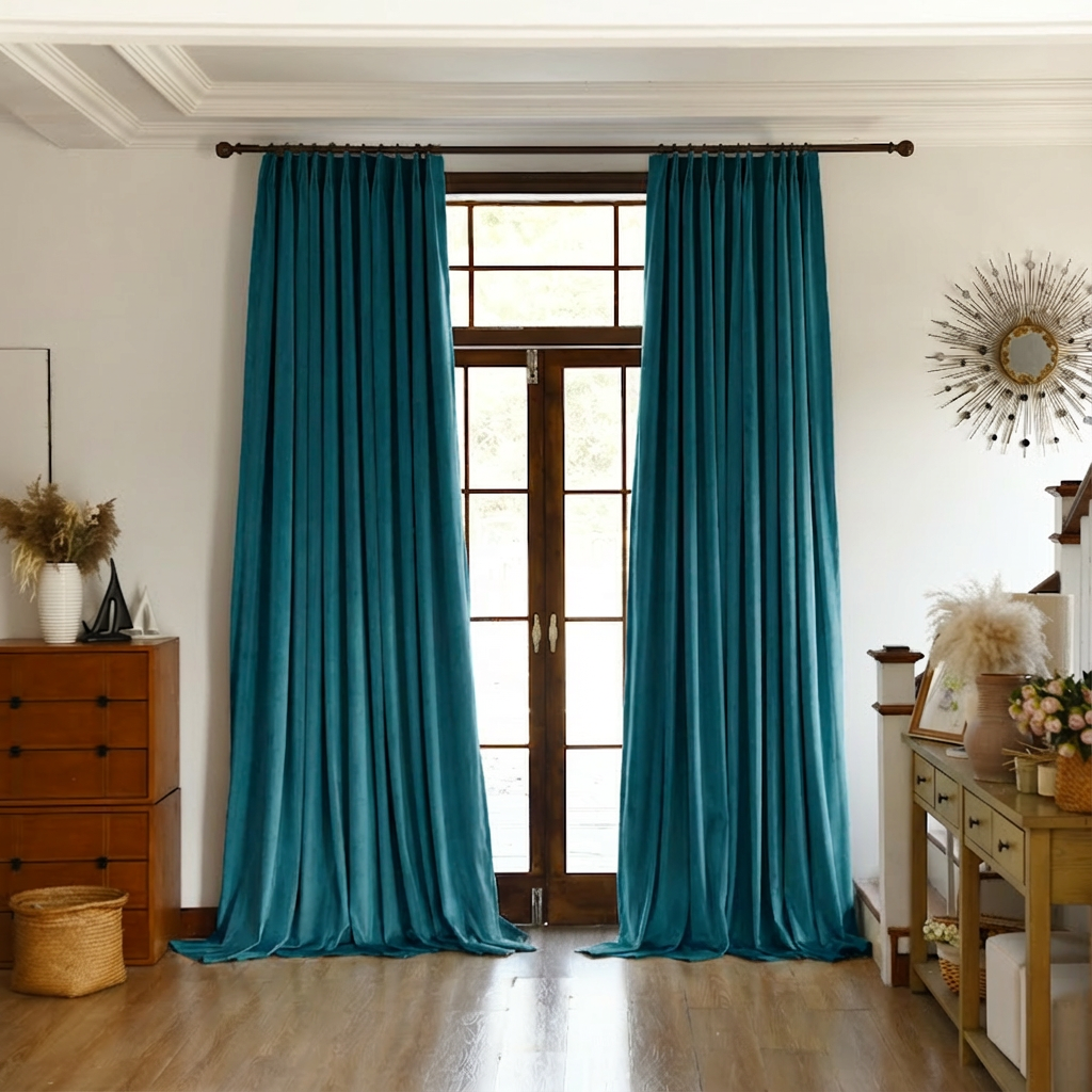 Teal velvet blackout curtain by DWCN Official, custom premium fabric with a smooth, luxurious texture and blackout lining for light control.