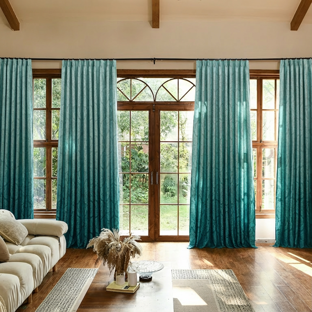 Teal custom luxury silk-fiber ombre blackout curtains with a smooth drape, designed for elegance and light blocking.