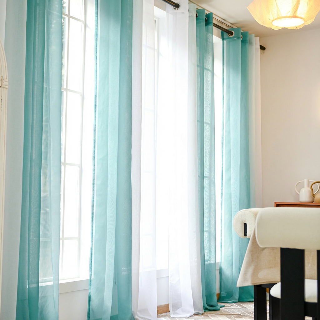 Teal linen texture ombre sheer curtains by DWCN Official, showcasing elegant, custom-designed fabric with a subtle gradient.
