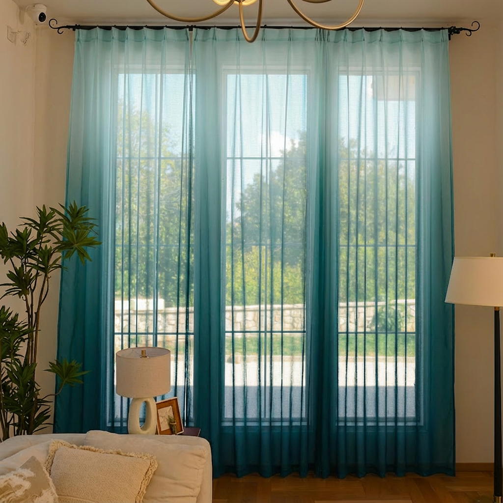 Teal vertical ombre linen texture sheer curtains by DWCN Official, showcasing elegant, lightweight window treatment with soft gradient design.