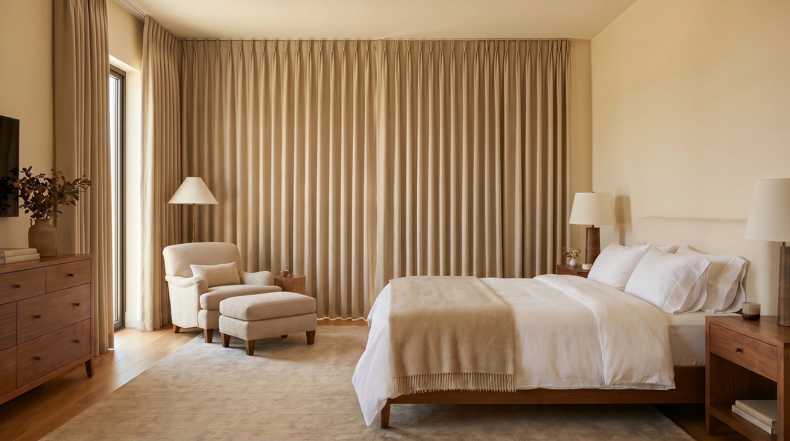 Made to measure bedroom curtains with beige floor to ceiling pleats, offering elegant privacy, soft light control, and custom window coverage.