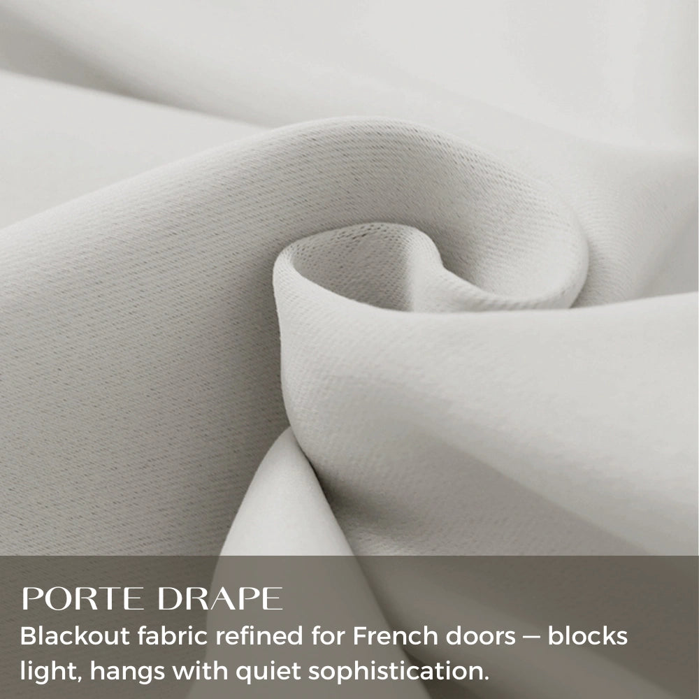 Black silk-fiber French door blackout curtains with pencil pleat top, custom luxury design by DWCN Official.