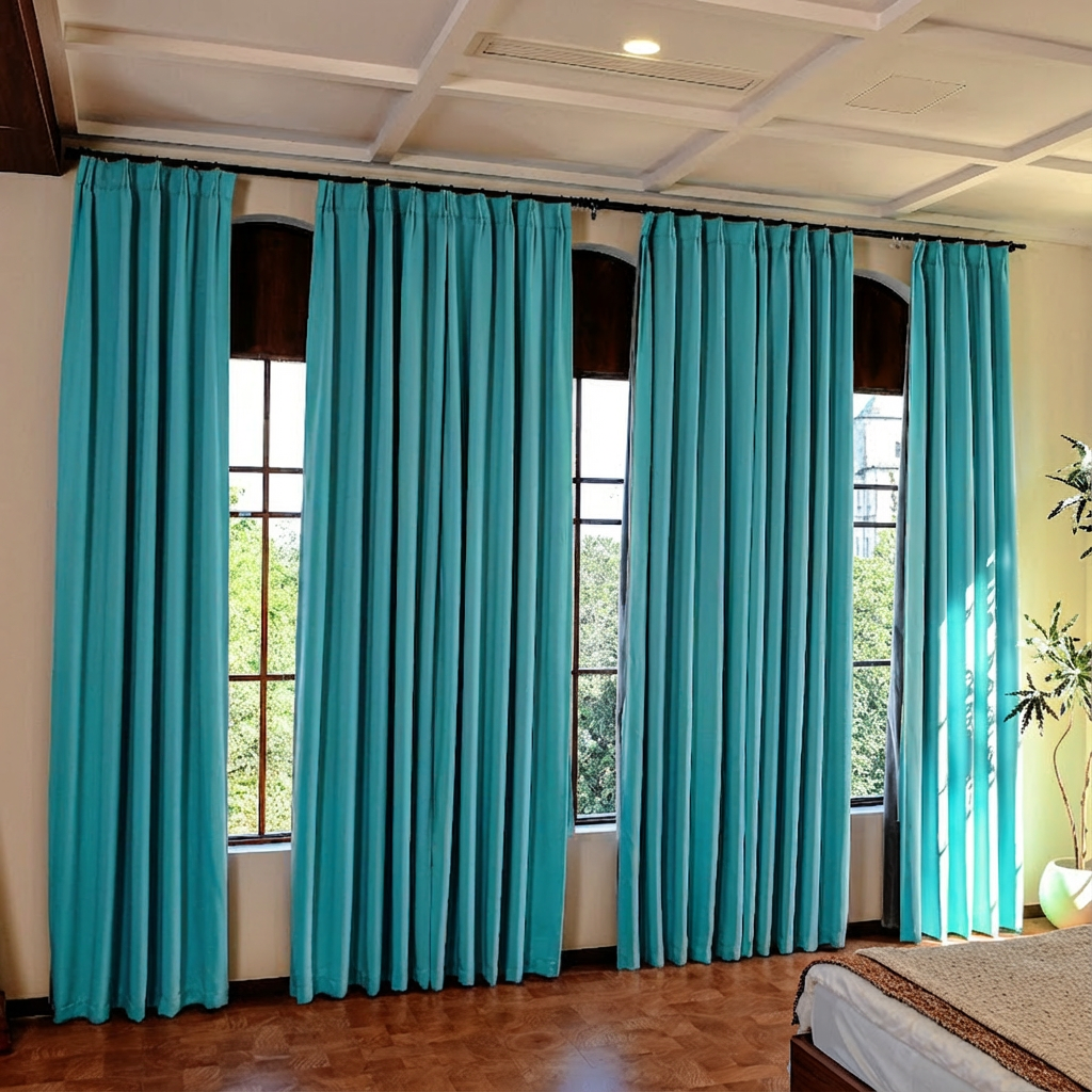 Turquoise silk-fiber blackout curtains by DWCN Official, showcasing luxurious fabric and elegant design for bedroom or living room decor.