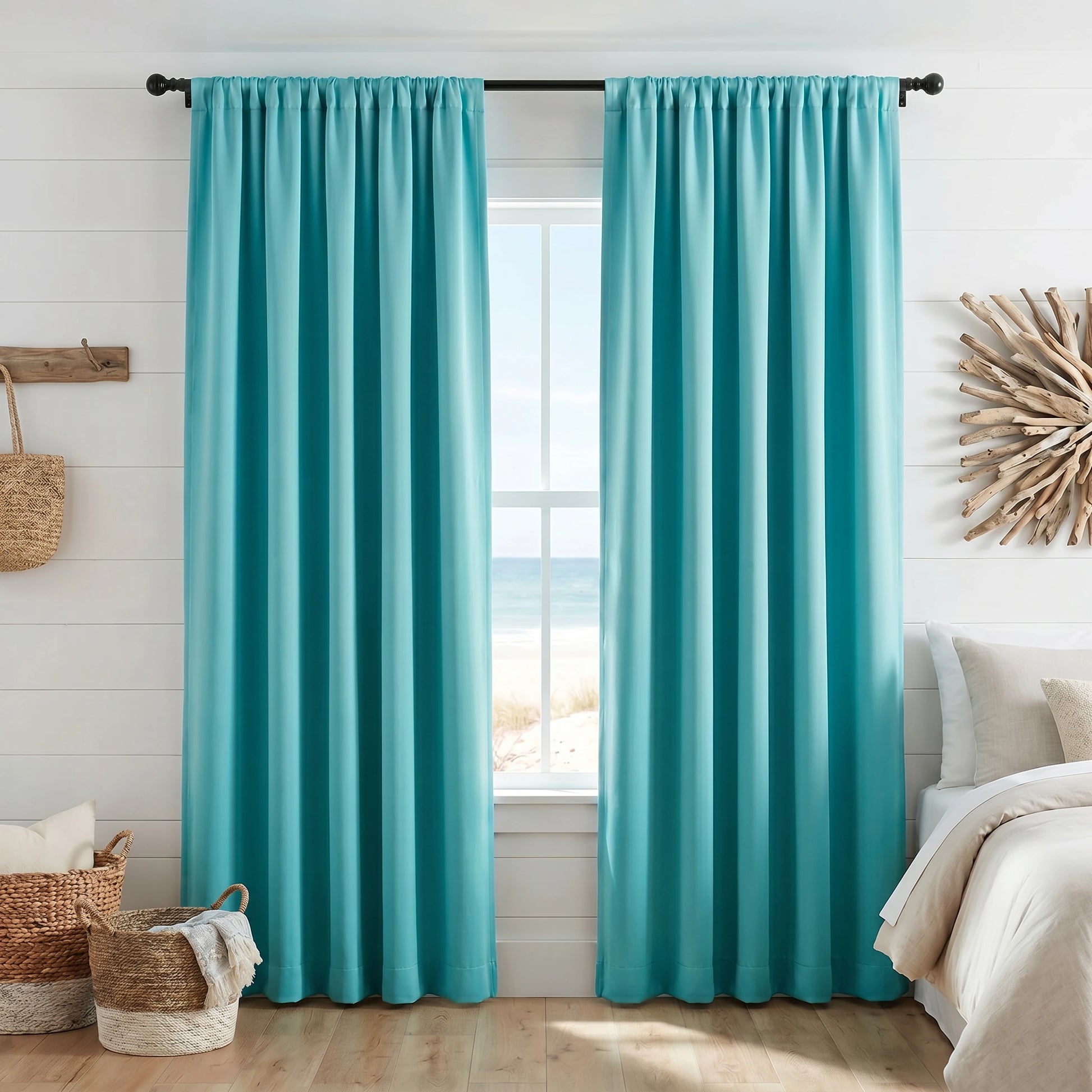 Custom luxury silk-fiber blackout curtains in vibrant turquoise, crafted by DWCN Official for elegant room darkening.