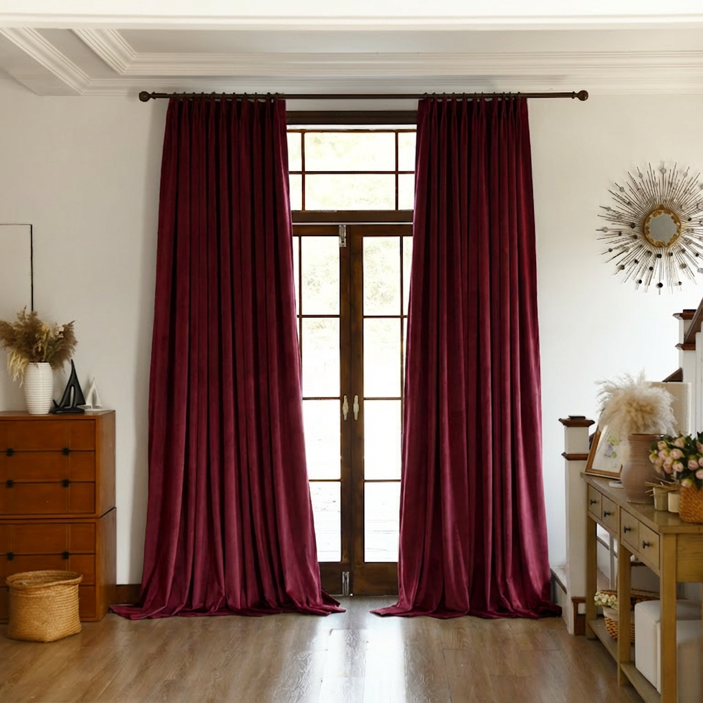 Wine red custom premium velvet blackout curtains by DWCN Official, showcasing luxurious fabric and elegant drape.